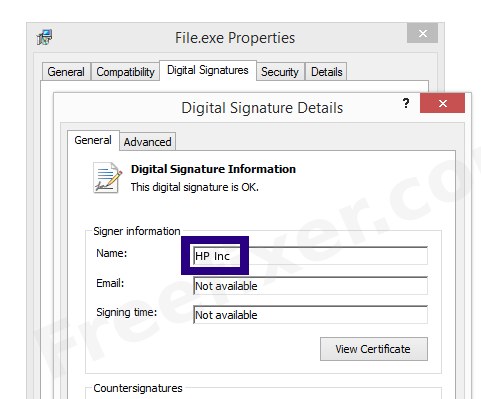 Screenshot of the HP Inc certificate